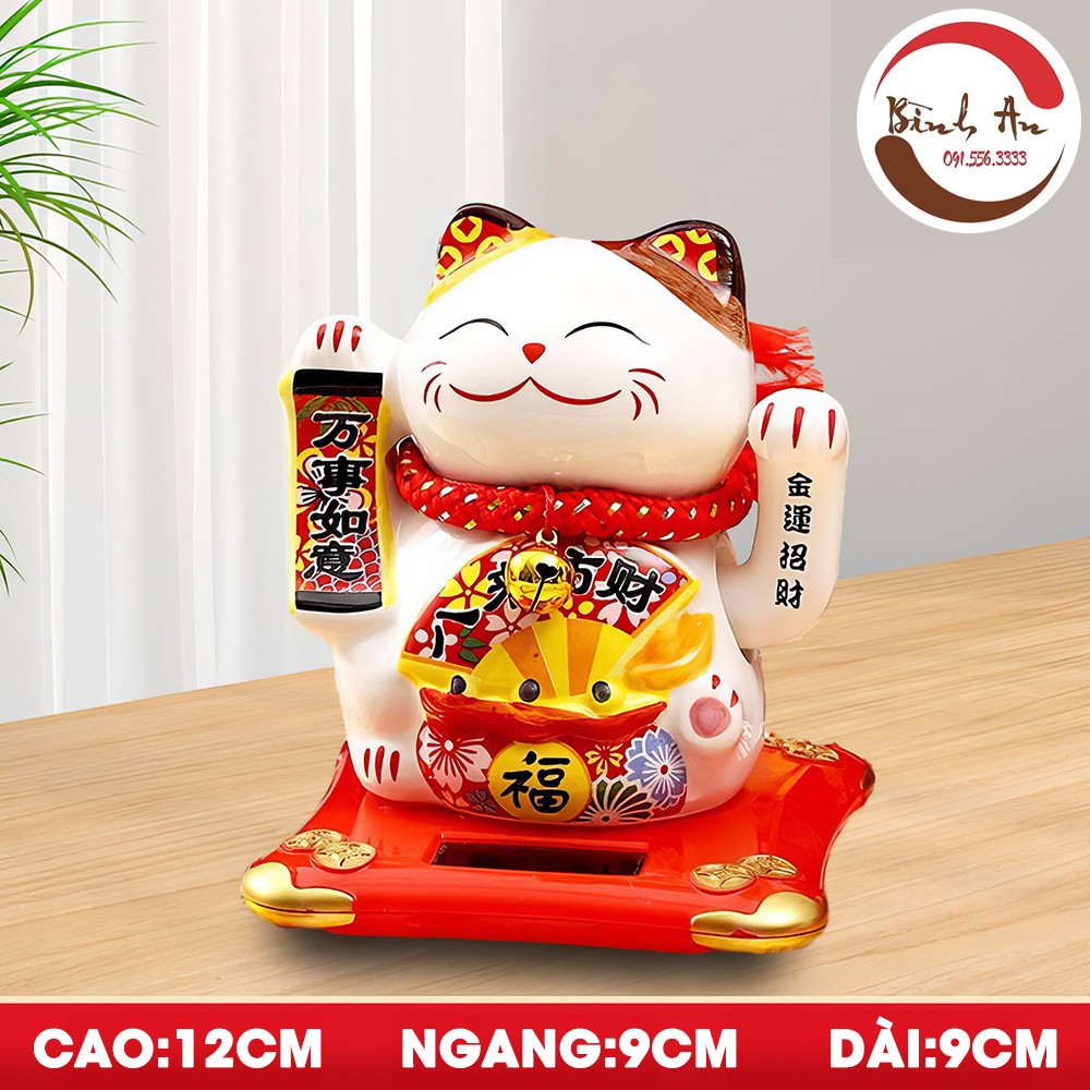 Mèo Thần Tài Bình An Mèo May Mắn Sử Dụng Năng Lượng Mặt Trời Bằng Sứ Cao Cấp 11-14 cm