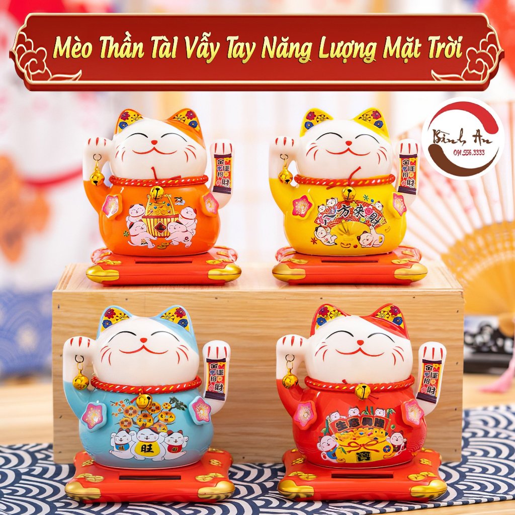 Mèo Thần Tài Bình An Mèo May Mắn Sử Dụng Năng Lượng Mặt Trời Bằng Sứ Cao Cấp 11-14 cm