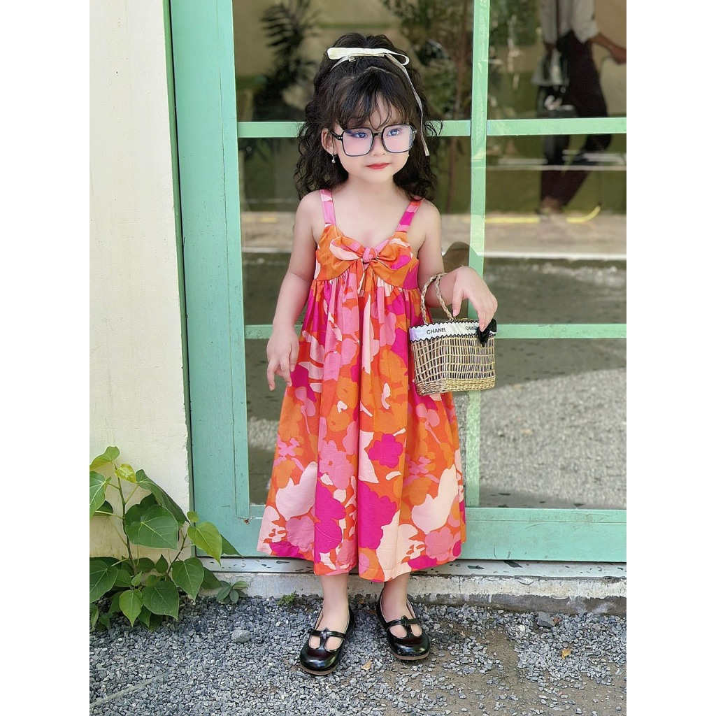 Hàng thiết kế - Maxi hồng thắt nơ trước ngực cho bé gái