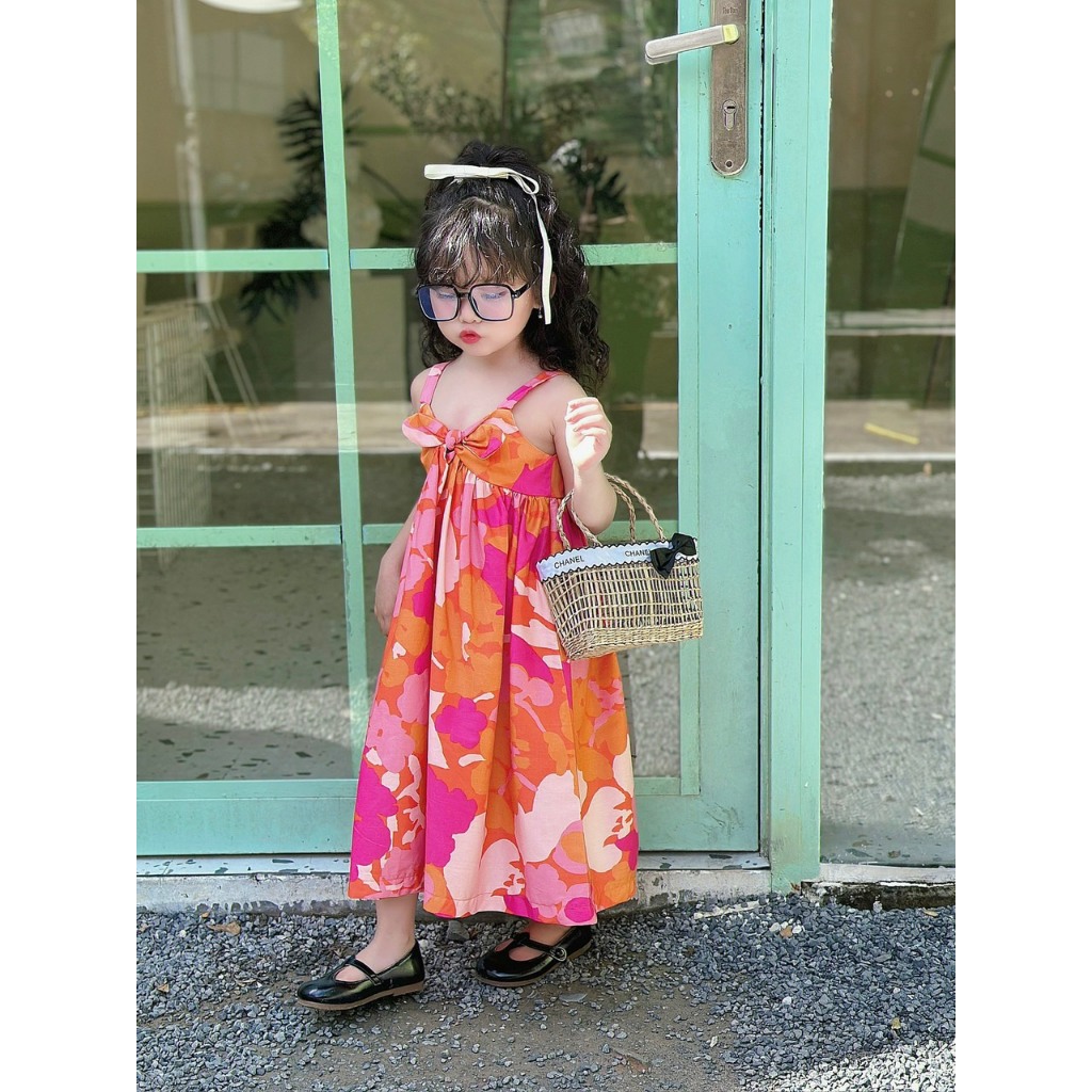 Hàng thiết kế - Maxi hồng thắt nơ trước ngực cho bé gái