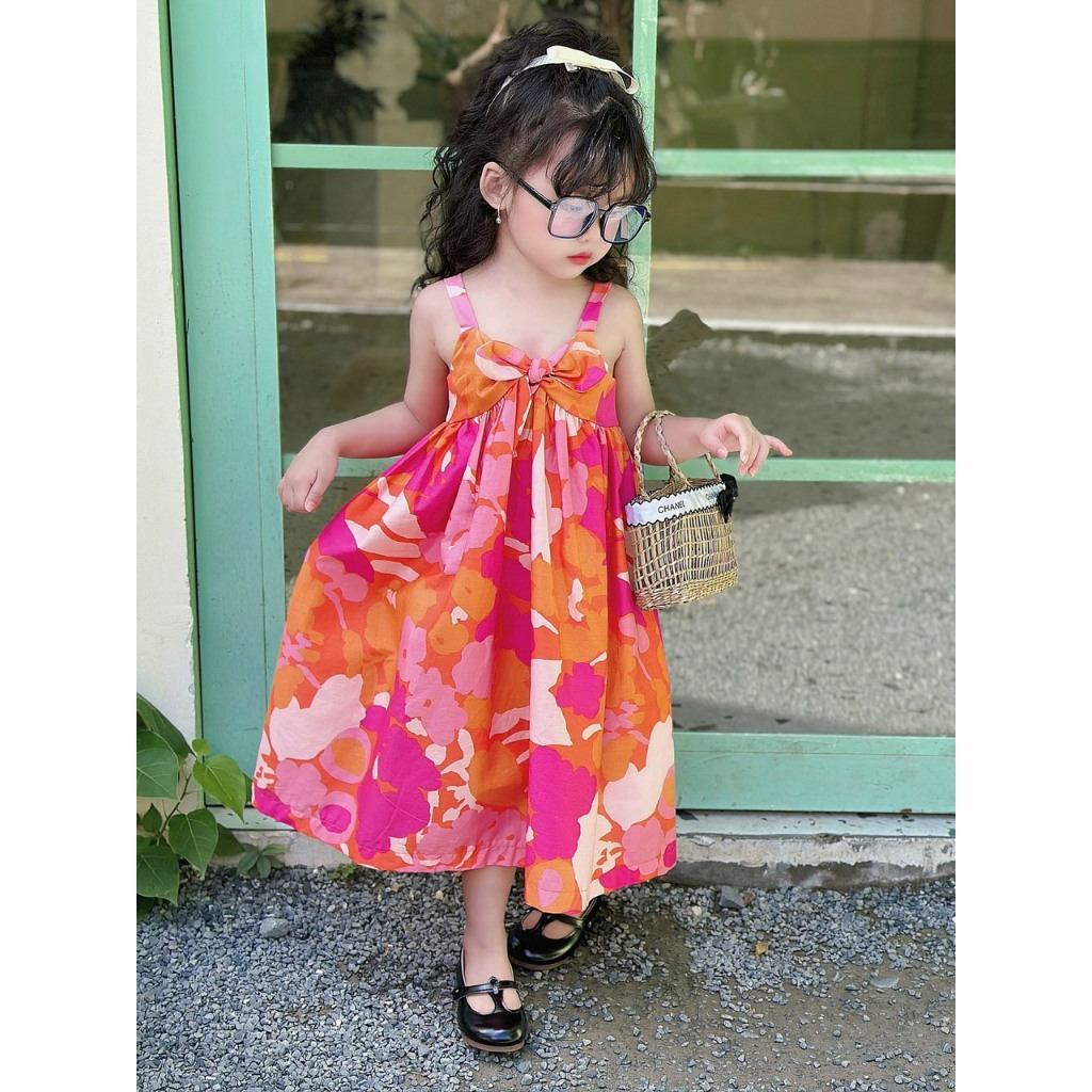 Hàng thiết kế - Maxi hồng thắt nơ trước ngực cho bé gái