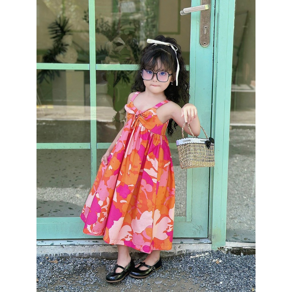 Hàng thiết kế - Maxi hồng thắt nơ trước ngực cho bé gái