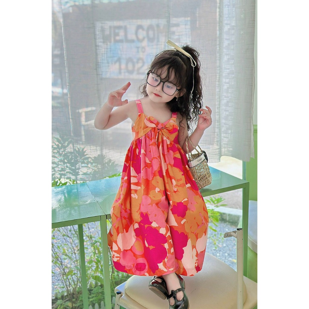 Hàng thiết kế - Maxi hồng thắt nơ trước ngực cho bé gái