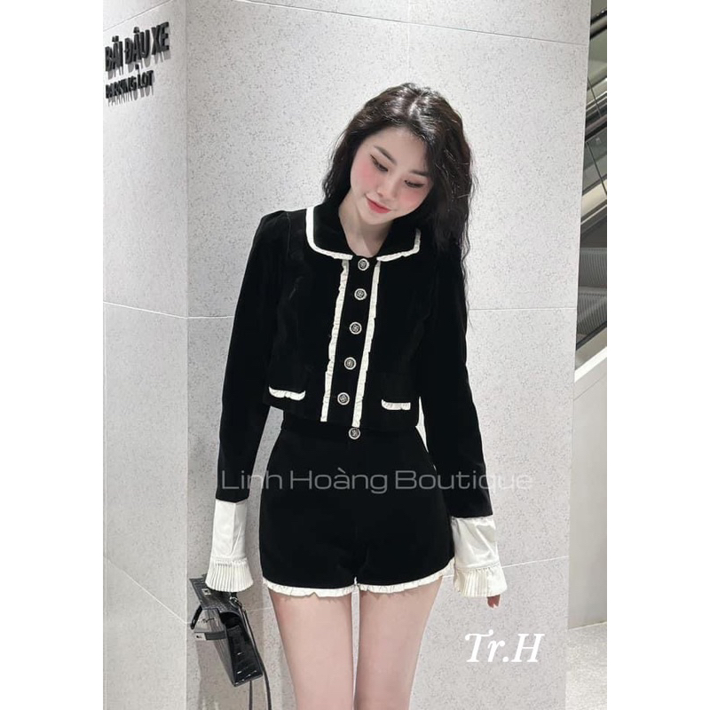 Sét  Nhung áo dài tay pha tay bèo Tiểu Thư Mix Quần Sooc Cạp Cao