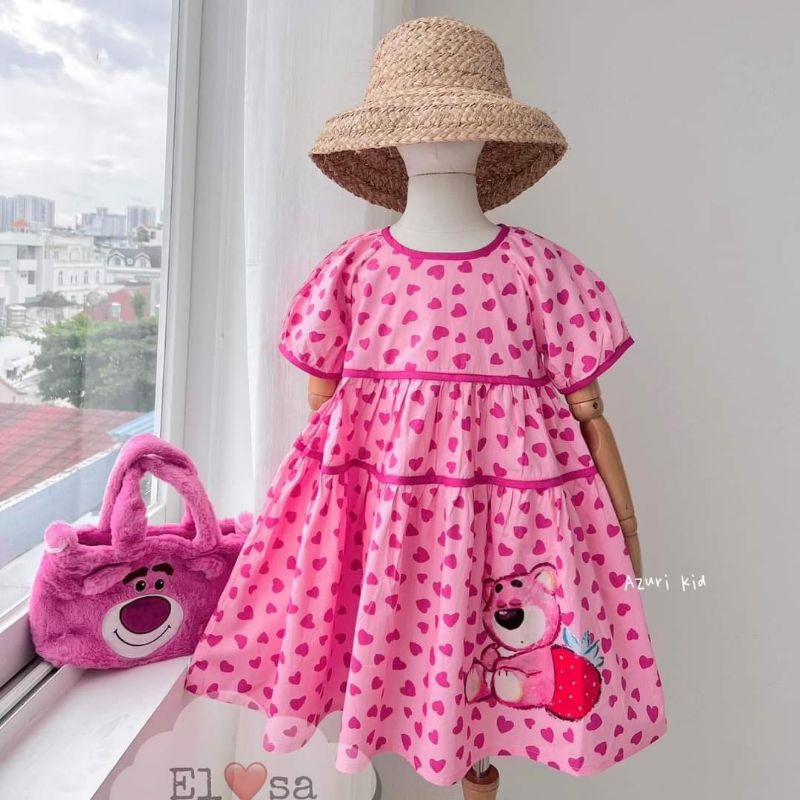 Váy gấu dâu cho bé gái 8 đến 30kg.hình thật trải sàn ak