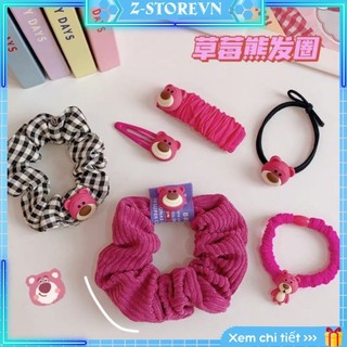 Set 7 chi tiết chun kẹp tóc hoạ tiết gấu dâu hồng siêu xinh siêu hót