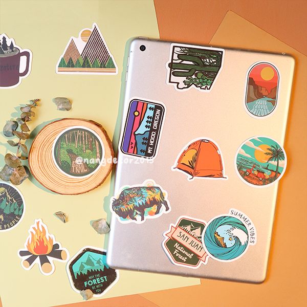 Sticker chống thấm nước | Camping 01 | dán mũ bảo hiểm,laptop, ly bình giữ nhiệt họa tiết dễ thương | Nắng Decor
