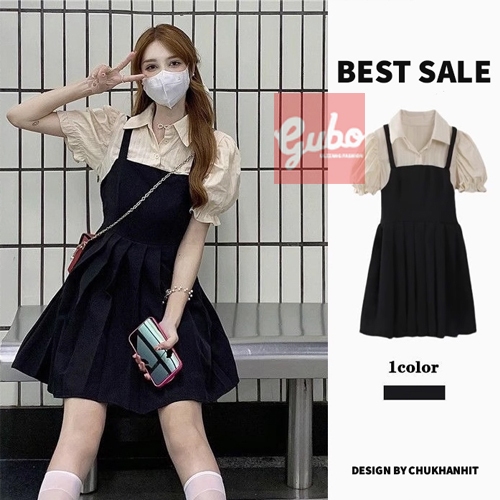 đầm nữ váy nữ phối sơ mi polo basi c tiểu thư phong cách hàn quốc GUBOBO1