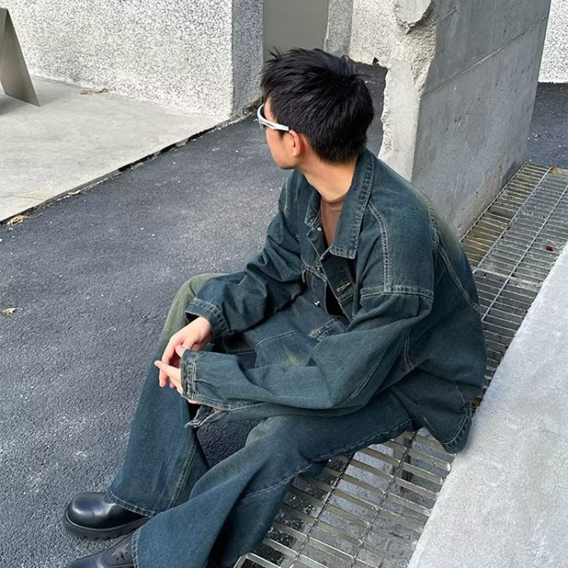 Áo Khoác Jean Denim Nam Local Brand Unisex Cao Cấp Dáng Rộng Màu Xanh Rêu Phong Cách Retro. Có 6 túi