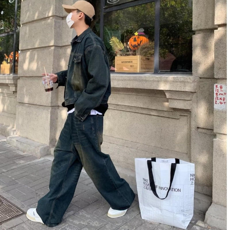 Áo Khoác Jean Denim Nam Local Brand Unisex Cao Cấp Dáng Rộng Màu Xanh Rêu Phong Cách Retro. Có 6 túi