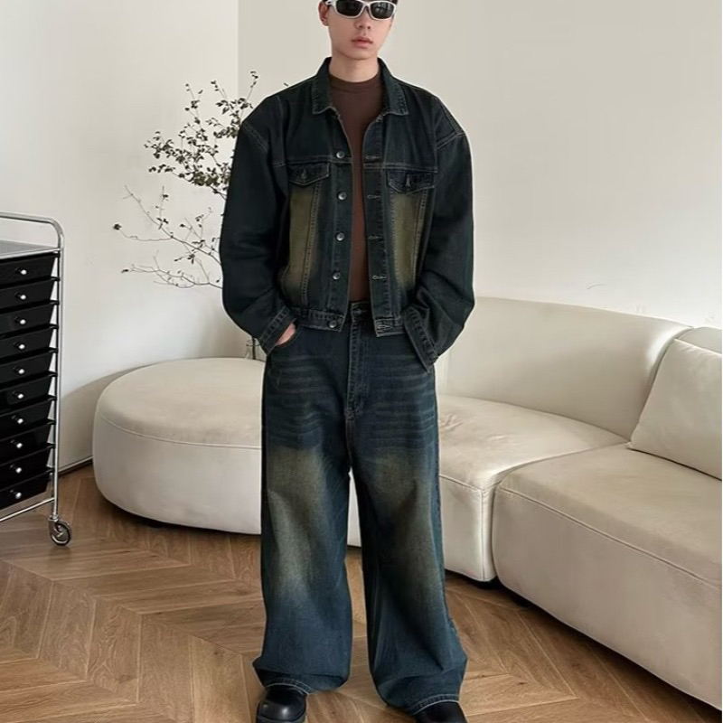 Áo Khoác Jean Denim Nam Local Brand Unisex Cao Cấp Dáng Rộng Màu Xanh Rêu Phong Cách Retro. Có 6 túi