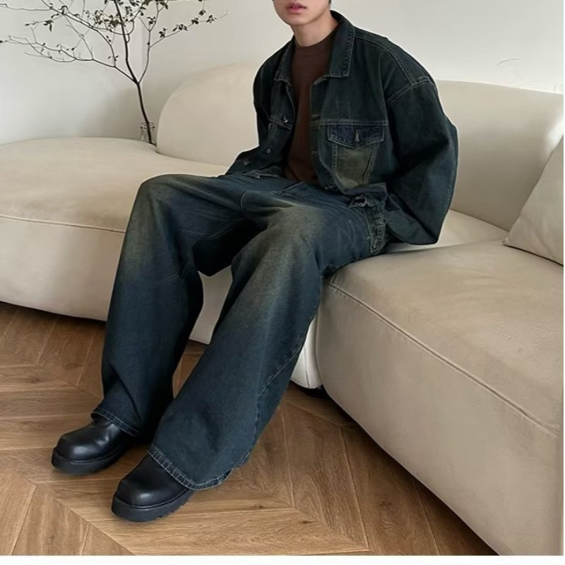 Áo Khoác Jean Denim Nam Local Brand Unisex Cao Cấp Dáng Rộng Màu Xanh Rêu Phong Cách Retro. Có 6 túi