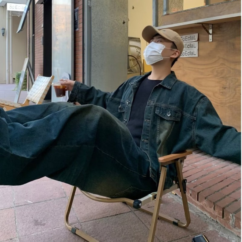 Áo Khoác Jean Denim Nam Local Brand Unisex Cao Cấp Dáng Rộng Màu Xanh Rêu Phong Cách Retro. Có 6 túi