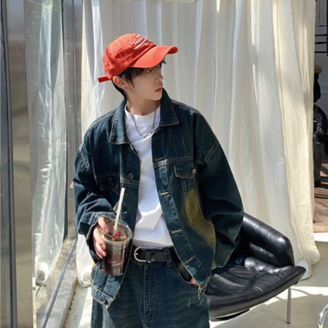 Áo Khoác Jean Denim Nam Local Brand Unisex Cao Cấp Dáng Rộng Màu Xanh Rêu Phong Cách Retro. Có 6 túi