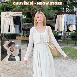 Áo khoác len lưới cadigan dáng lửng cột dây Meow Store tay dài phong cách Hàn Quốc