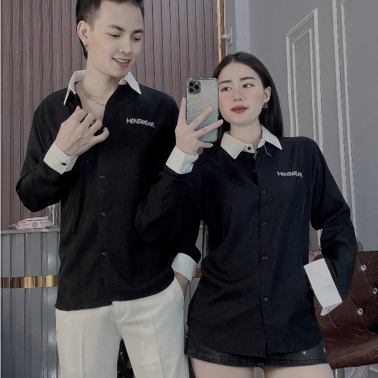 Áo Sơ Mi Đôi Dài Tay Vải Lụa Co Dãn Phối Màu Thêu Chữ Đep Áo Đôi Chuẩn Form Tôn Dáng