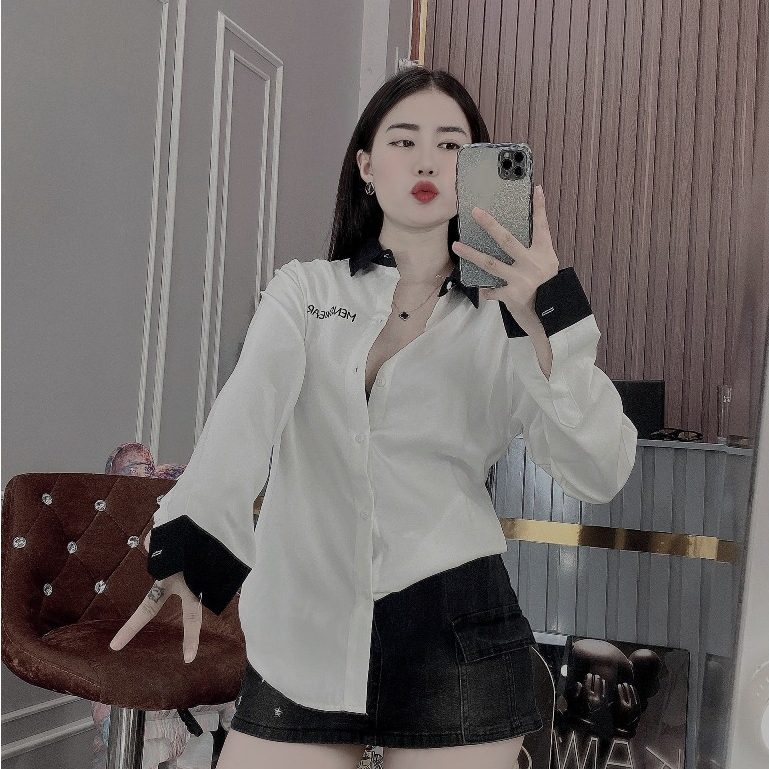 Áo Sơ Mi Đôi Dài Tay Vải Lụa Co Dãn Phối Màu Thêu Chữ Đep Áo Đôi Chuẩn Form Tôn Dáng