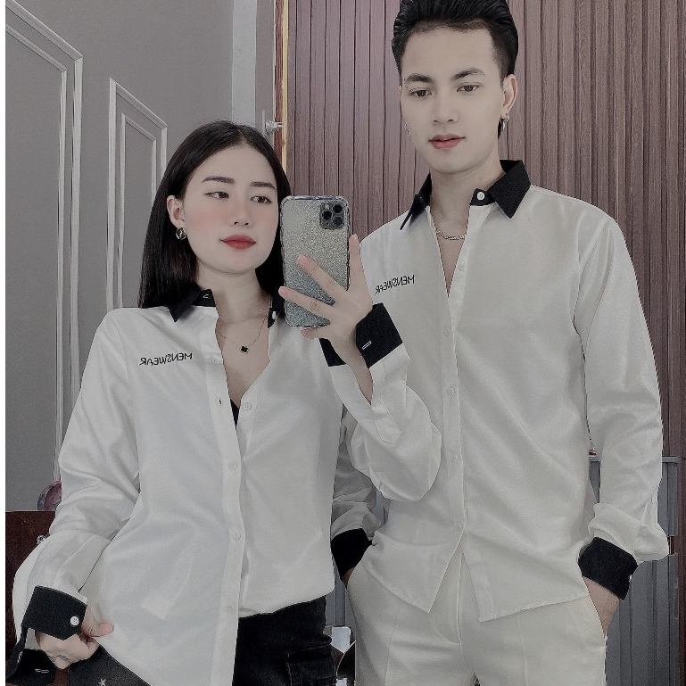 Áo Sơ Mi Đôi Dài Tay Vải Lụa Co Dãn Phối Màu Thêu Chữ Đep Áo Đôi Chuẩn Form Tôn Dáng