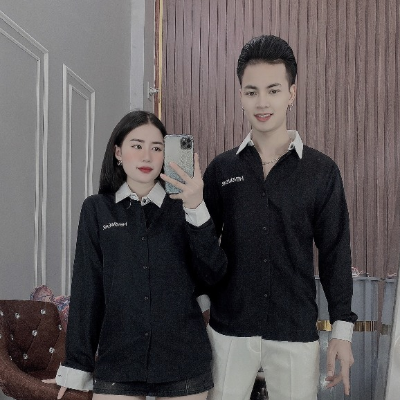 Áo Sơ Mi Đôi Dài Tay Vải Lụa Co Dãn Phối Màu Thêu Chữ Đep Áo Đôi Chuẩn Form Tôn Dáng