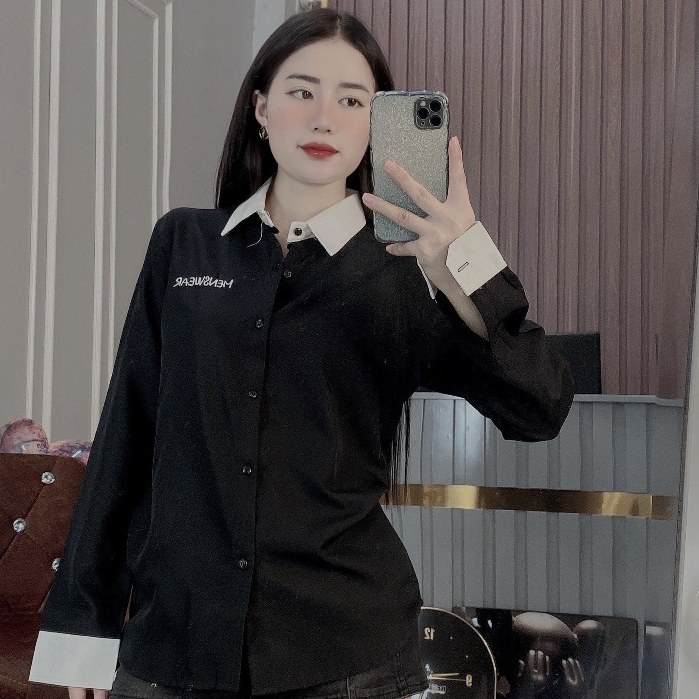 Áo Sơ Mi Đôi Dài Tay Vải Lụa Co Dãn Phối Màu Thêu Chữ Đep Áo Đôi Chuẩn Form Tôn Dáng