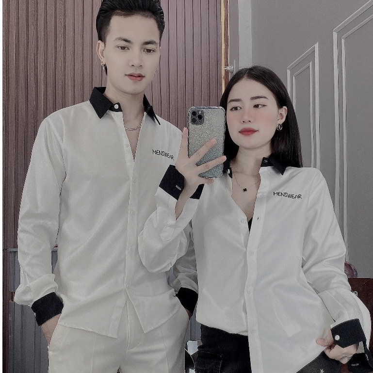 Áo Sơ Mi Đôi Dài Tay Vải Lụa Co Dãn Phối Màu Thêu Chữ Đep Áo Đôi Chuẩn Form Tôn Dáng