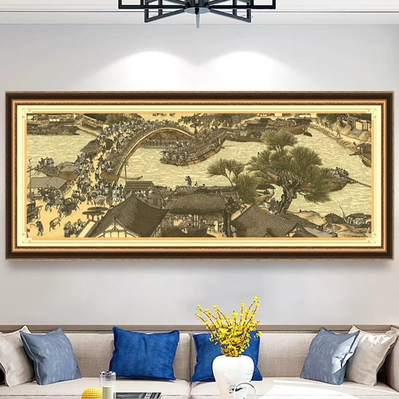 Tranh thêu 660*90CM 11CT VẢI NÂU LỤA CỔ