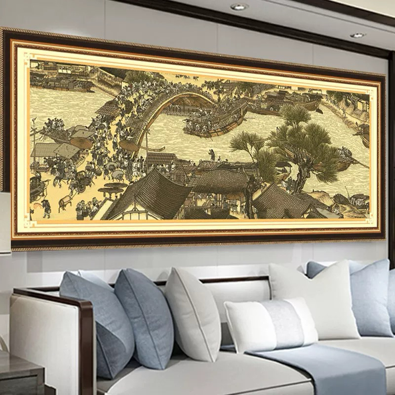 Tranh thêu 660*90CM 11CT VẢI NÂU LỤA CỔ