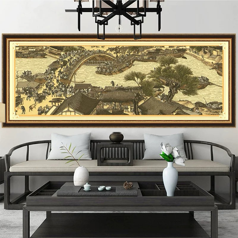 Tranh thêu 660*90CM 11CT VẢI NÂU LỤA CỔ