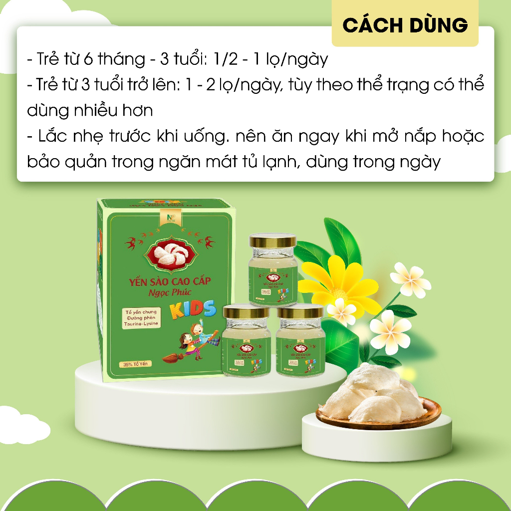 Yến Sào cao cấp Ngọc Phúc Kids 35% Tổ Yến Chưng Đường Phèn, Taurine,Lysine Giúp Bé Ăn Ngon, Tăng Đề Kháng