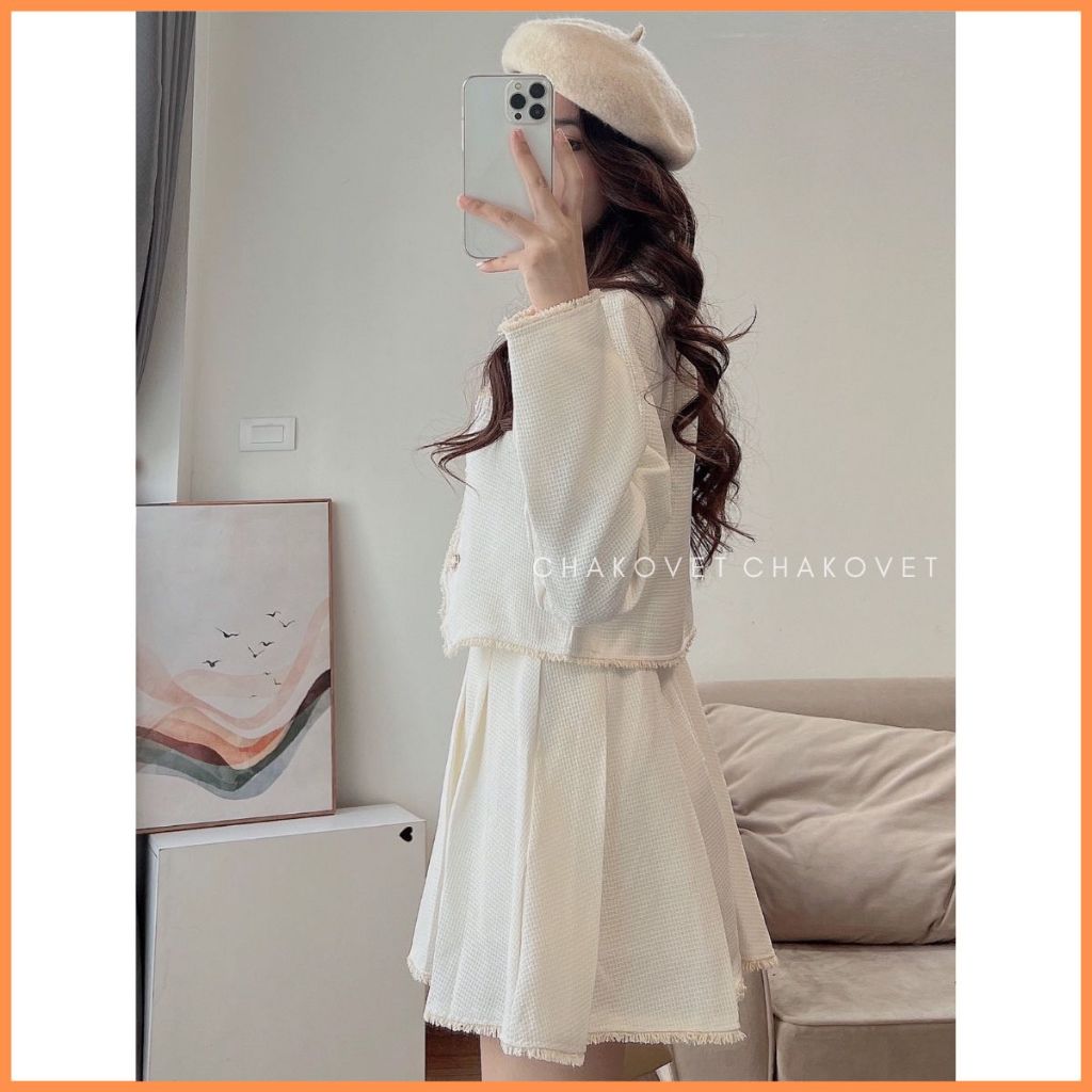 Set áo khoác dạ viền xù cá tính,áo dạ tweed S8739 phối chân váy siêu xinh phong cách Hàn Quốc hai lớp dày dặn - CHAKOVET