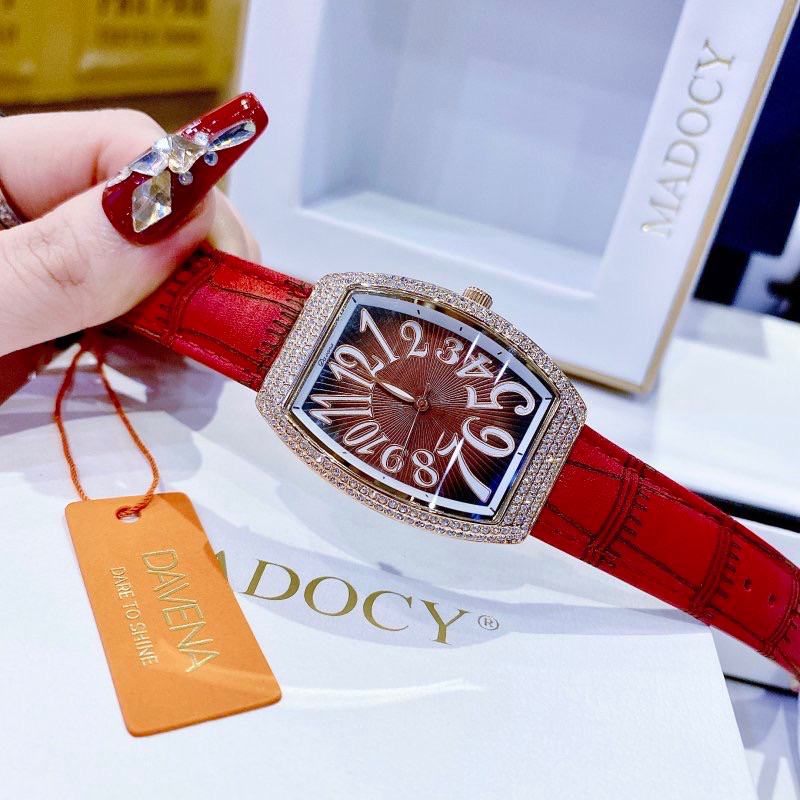 [Chính Hãng 100%] Đồng hồ nữ Davena 31820 (D31820) chính hãng mặt chữ nhật full đá dây da đỏ