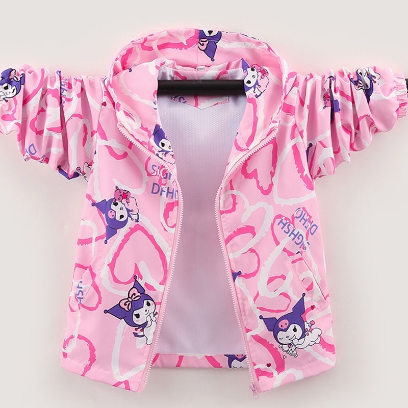 Áo khoác gió 2 lớp mỏng thu đông họa tiết Kuromi đáng yêu cho bé gái!