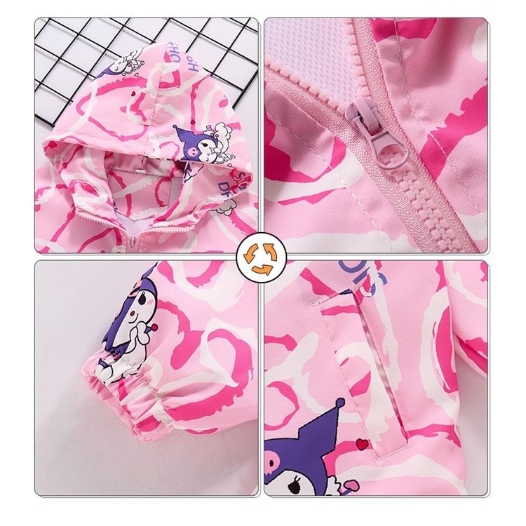 Áo khoác gió 2 lớp mỏng thu đông họa tiết Kuromi đáng yêu cho bé gái!