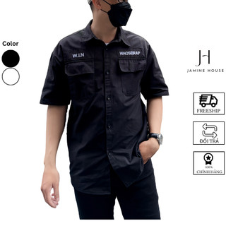 Áo Sơ Mi KAKI JAMINE HOUSE nam nữ form rộng thiết kế logo thêu thời trang unisex cá tính