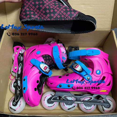Giày patin trẻ em bánh cao su, patin có bánh phát sáng, Patin Kingfly trẻ em. Giày trượt patin cho bé tặng bảo vệ 6 món