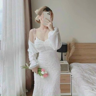 Sét đầm 2 dây thời trang nữ có mút ngực và lót, chất xốp dập kèm áo khoác tăm gân,