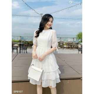 Đầm thời trang nữ tay ngắn cổ tròn váy 3 tầng chất liệu voan cao cấp,