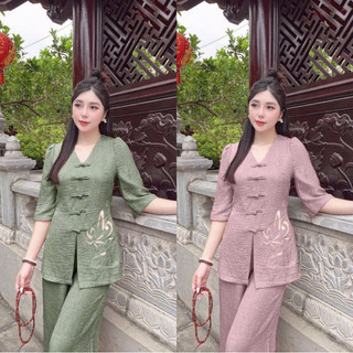 Set đồ lam đi lễ chùa, sét bà ba tay lỡ nút mây thêu hoa sen có khoá kéo sau chất vải đũi vân mây,