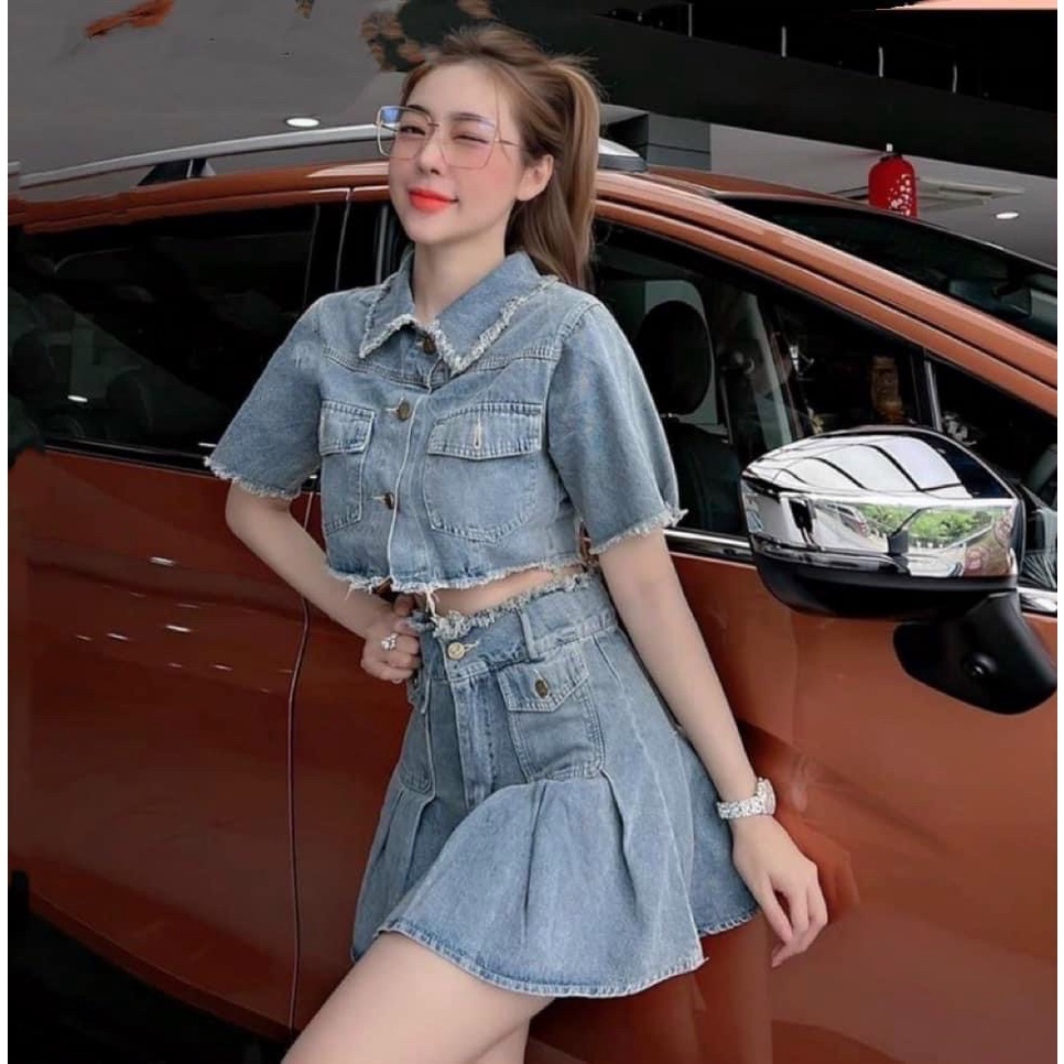 Set jean mix chân váy chất đẹp - Set Bò Denim Cao Cấp Áo Bò Tay Cộc Mix Chân Váy Video ảnh Thật