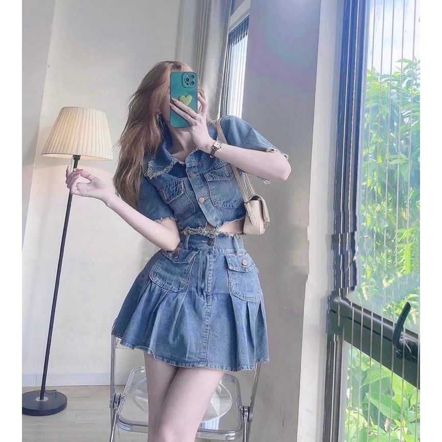 Set jean mix chân váy chất đẹp - Set Bò Denim Cao Cấp Áo Bò Tay Cộc Mix Chân Váy Video ảnh Thật