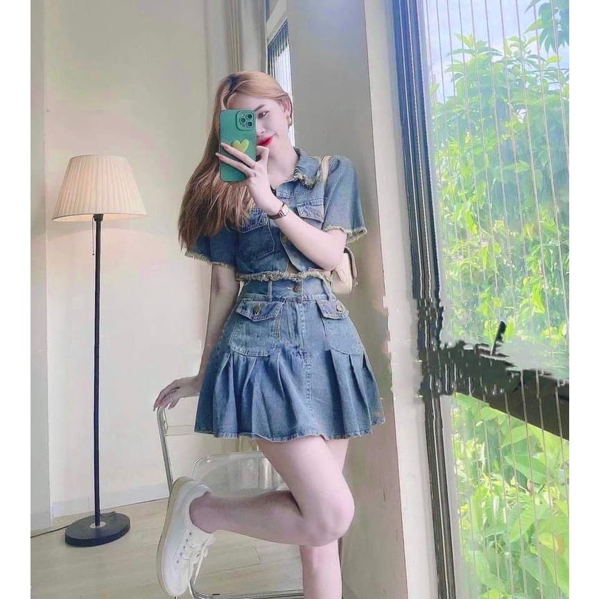 Set jean mix chân váy chất đẹp - Set Bò Denim Cao Cấp Áo Bò Tay Cộc Mix Chân Váy Video ảnh Thật