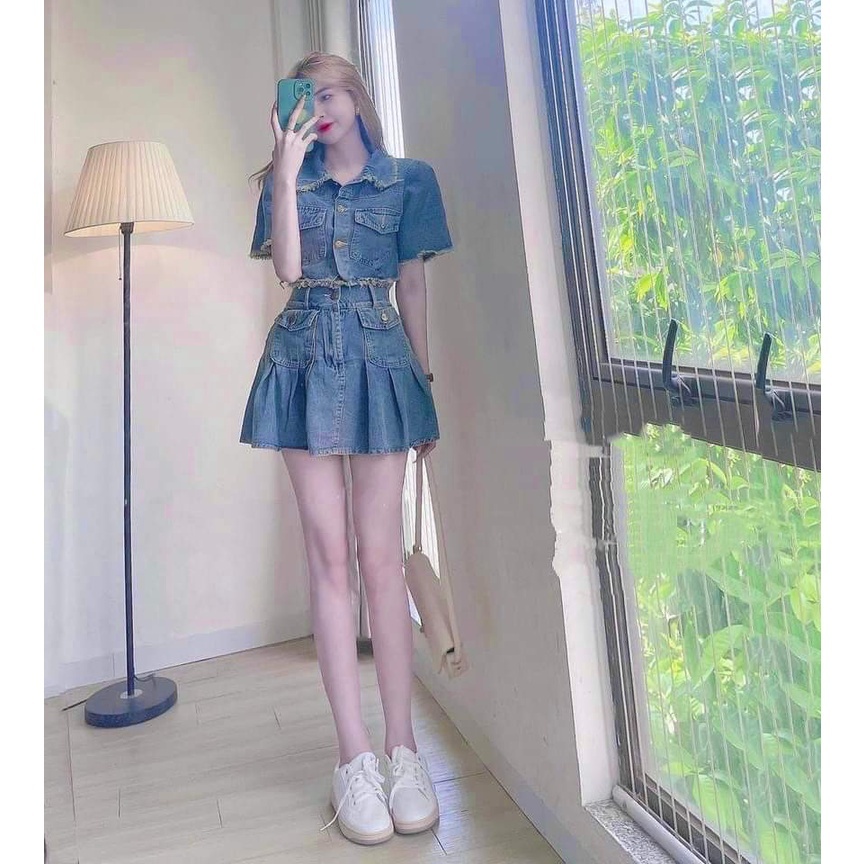 Set jean mix chân váy chất đẹp - Set Bò Denim Cao Cấp Áo Bò Tay Cộc Mix Chân Váy Video ảnh Thật