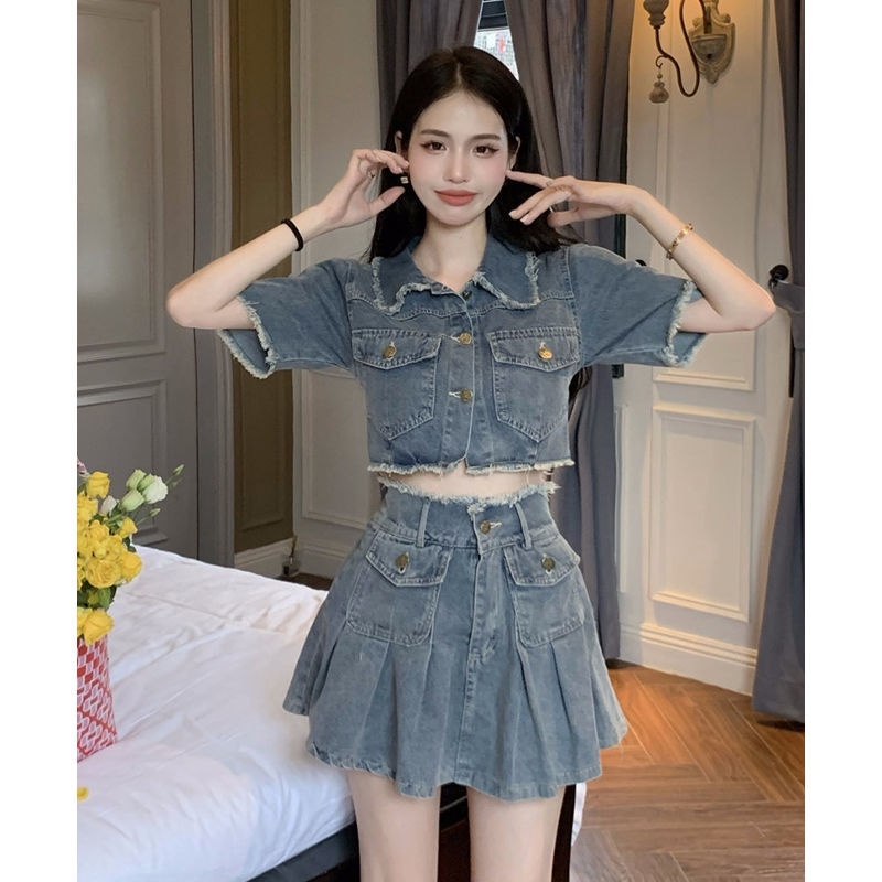 Set jean mix chân váy chất đẹp - Set Bò Denim Cao Cấp Áo Bò Tay Cộc Mix Chân Váy Video ảnh Thật
