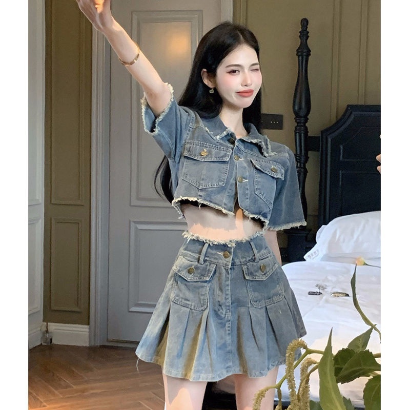 Set jean mix chân váy chất đẹp - Set Bò Denim Cao Cấp Áo Bò Tay Cộc Mix Chân Váy Video ảnh Thật