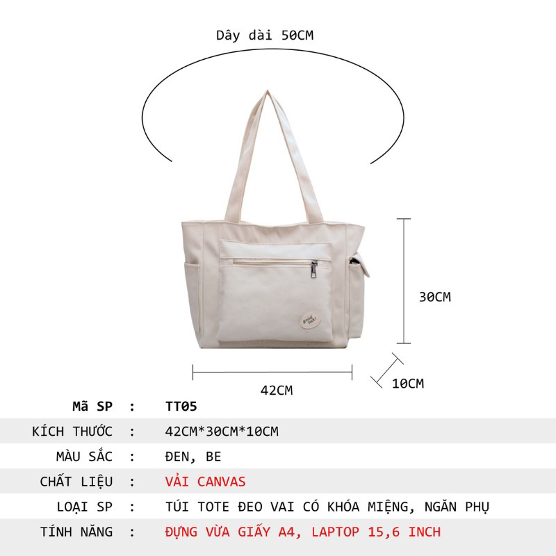 Túi tote có khoá kéo vải canvas thời trang Hàn