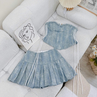 Set áo jean cúp ngực + chân váy xếp li