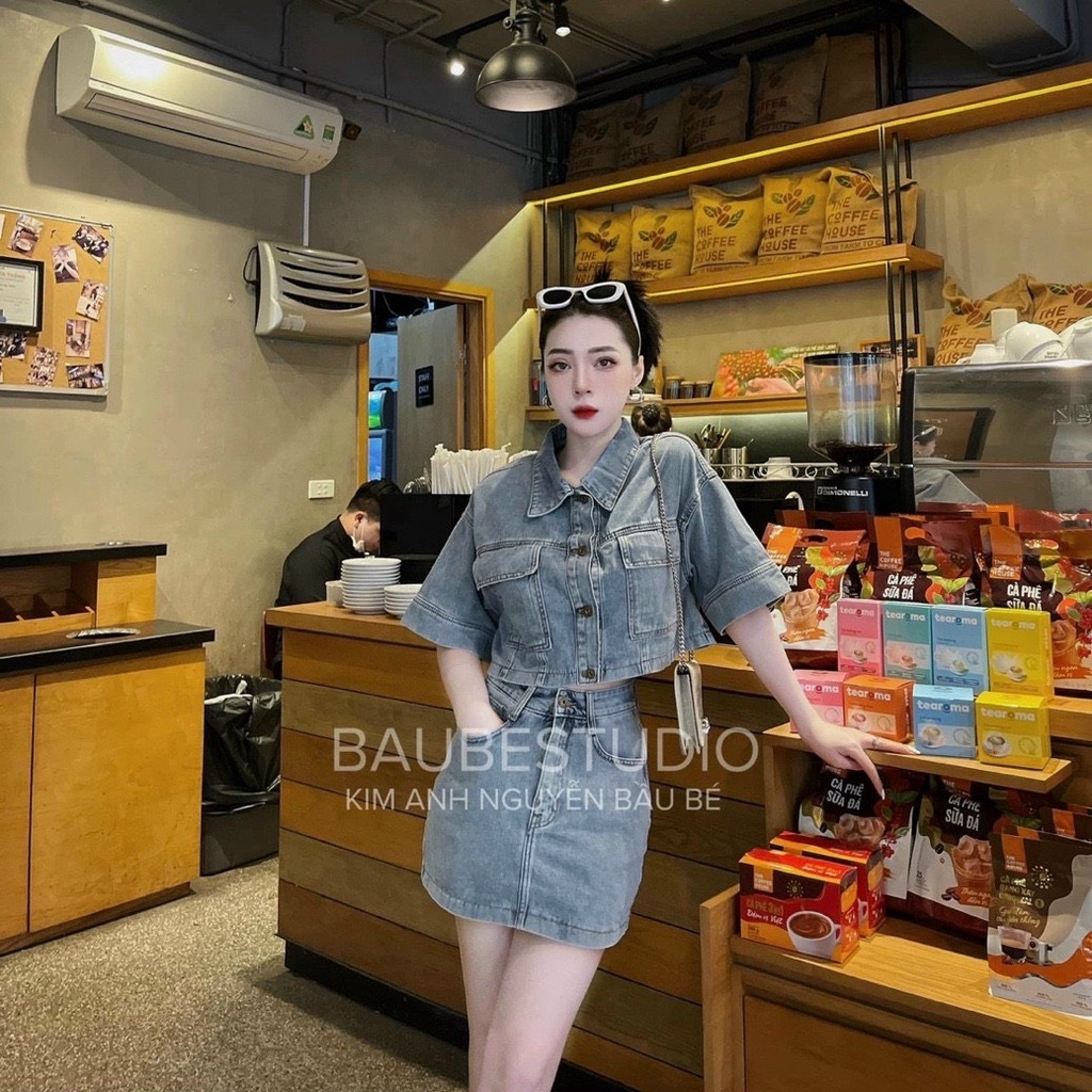 Set jean mix chân váy chất đẹp - Set Bò Denim Cao Cấp Áo Bò Tay Cộc Mix Chân Váy Video ảnh Thật