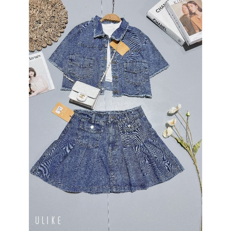Set jean mix chân váy chất đẹp - Set Bò Denim Cao Cấp Áo Bò Tay Cộc Mix Chân Váy Video ảnh Thật