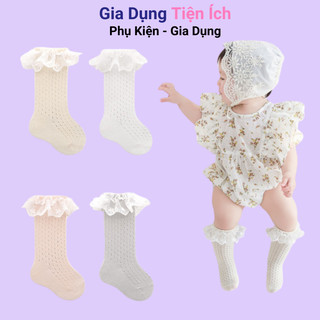 Tất đến đầu gối, vớ lưới thông hơi phối viền ren điệu đà cho bé gái phong cách Hàn Quốc