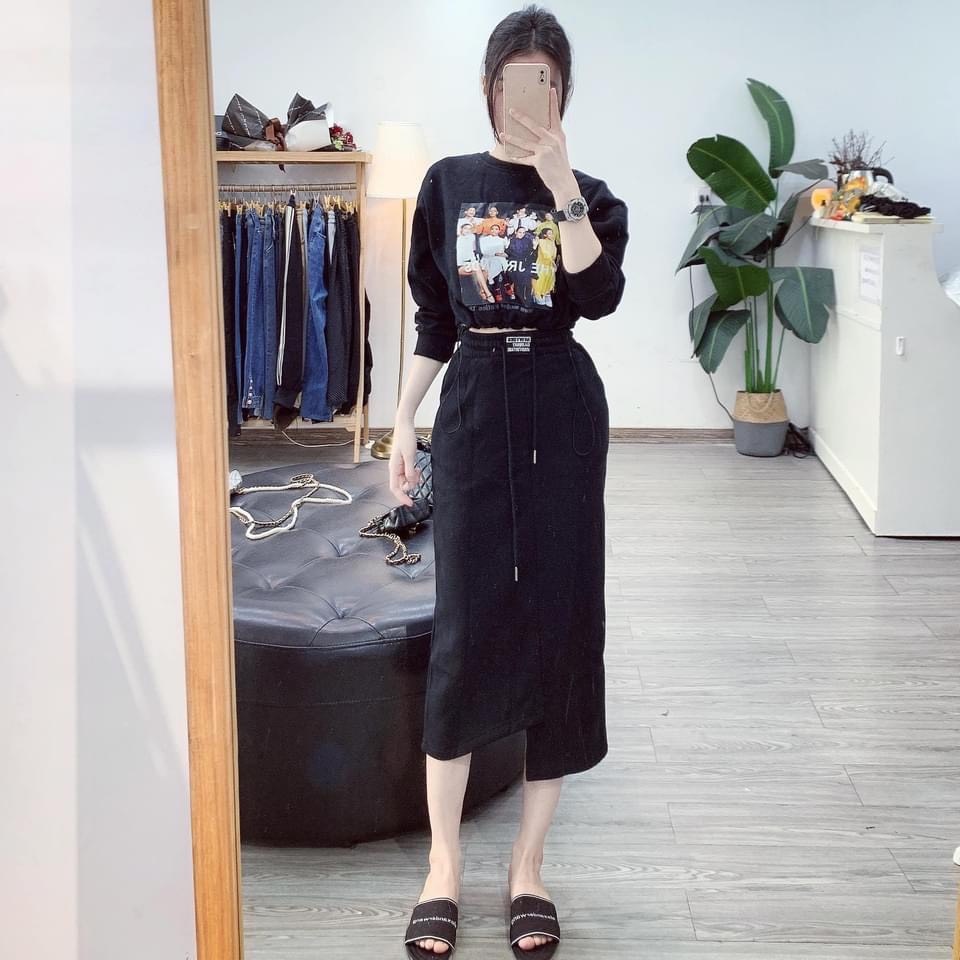 💥HOT💥Set Bộ Nữ Nỉ Hình In 5D Phối Áo Croptop Có Dây Rút Eo - Chân Váy Vạt Lệch Dáng Dài